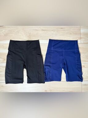 Fabletics PowerHold Biker Shorts Bundle 2 Pair Black Blue High Waisted Athletic